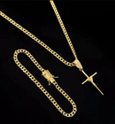 Kit Corrente e Pulseira Grumet Pitbull 4mm + Pingente Cruz Amarrada Banhado | Marcação 750
