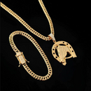 Kit Corrente e Pulseira Grumet Dupla 6mm e Pingente Cavalo Ferradura G Banhado Ouro 18k